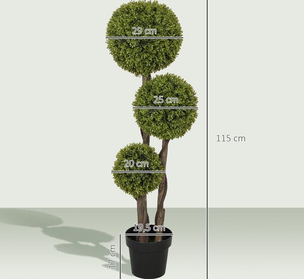 HOMCOM Pianta di Bosso Artificiale a 3 Sfere con Vaso Incluso e Fondo Rinforzato, Altezza 115 cm