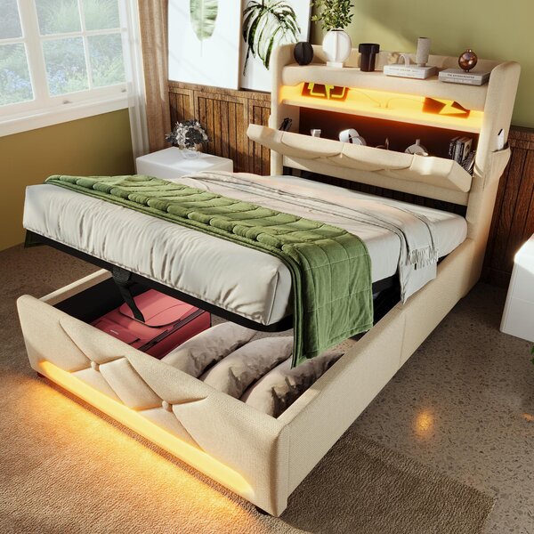 Letto imbottito 90x200 cm, color beige, rivestito in lino, con spazio contenitore. Testiera con USB e porta di tipo C, cassettone idraulico e illuminazione LED per la camera da letto