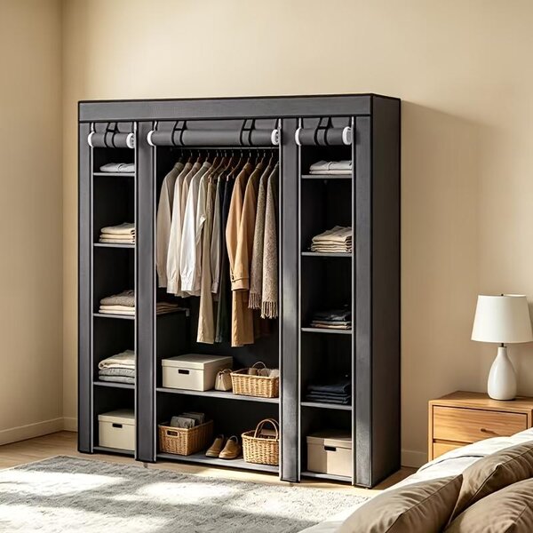 Armadio portatile pieghevole in tessuto, dimensioni 175,26*149,86*44,96 cm, nero/grigio - Organizzatore per armadio portatile con asta appendiabiti e ripiani