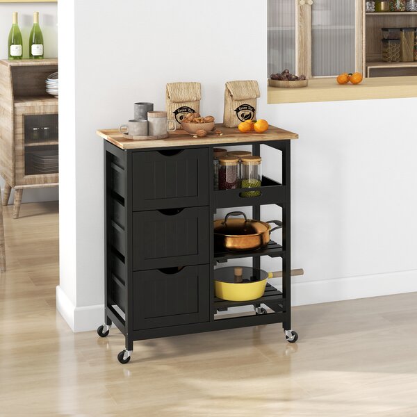 HOMCOM Carrello da Cucina Carrello Ausiliario con Ruote con 3 Cassetti 2 Ripiani Aperti e Vassoio Estraibile 67x37x85,5 cm Nero | Aosom Italy