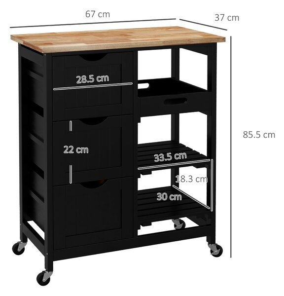 HOMCOM Carrello da Cucina Carrello Ausiliario con Ruote con 3 Cassetti 2 Ripiani Aperti e Vassoio Estraibile 67x37x85,5 cm Nero | Aosom Italy