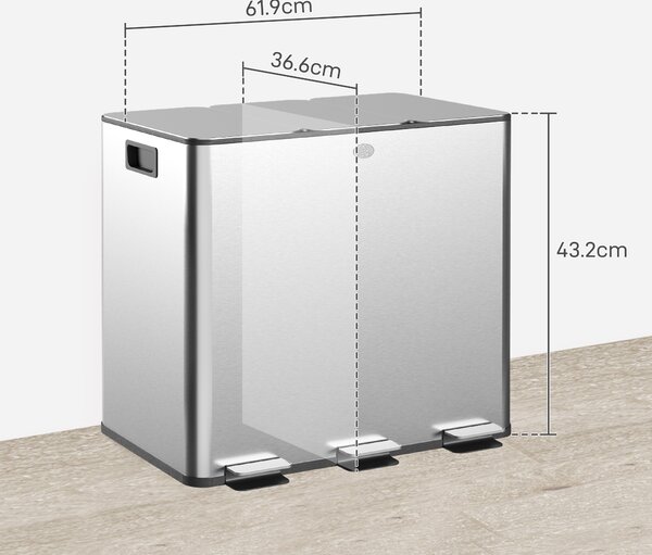 HOMCOM Cestino della Spazzatura con 3 x 20 L Scomparti, Coperchi Deodoranti, anti-impronte digitali, Soft-Close, estraibile, Argento | Aosom Italy