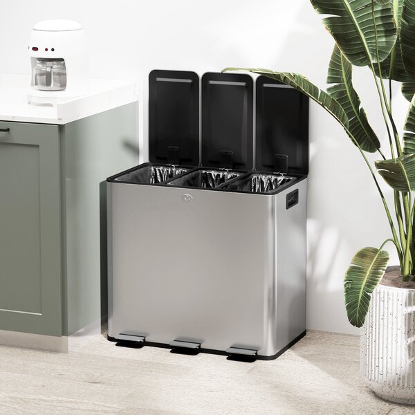 HOMCOM Cestino della Spazzatura con 3 x 20 L Scomparti, Coperchi Deodoranti, anti-impronte digitali, Soft-Close, estraibile, Argento | Aosom Italy