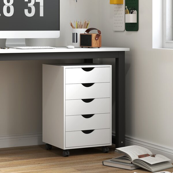 HOMCOM Cassettiera da Ufficio a 5 Cassetti con Ruote Girevoli con Freni, 40x40x67 cm, Bianco | Aosom Italy