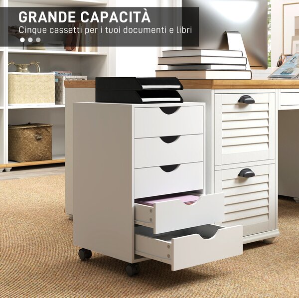 HOMCOM Cassettiera da Ufficio a 5 Cassetti con Ruote Girevoli con Freni, 40x40x67 cm, Bianco | Aosom Italy