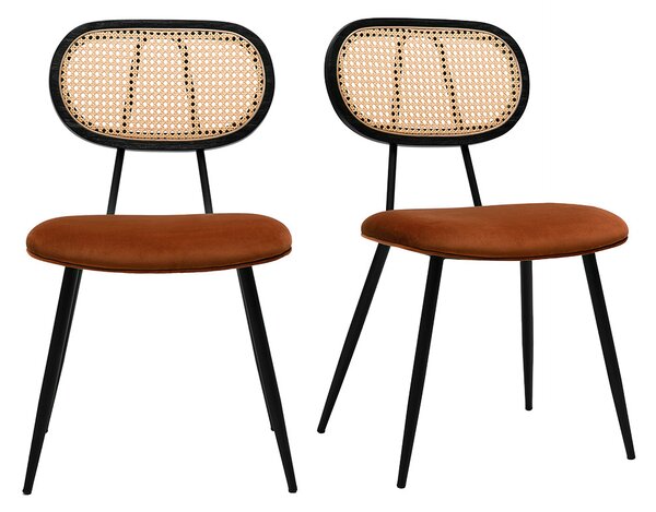 Sedie design in velluto terra bruciata, metallo nero e intreccio di rattan (set di 2) SWANN