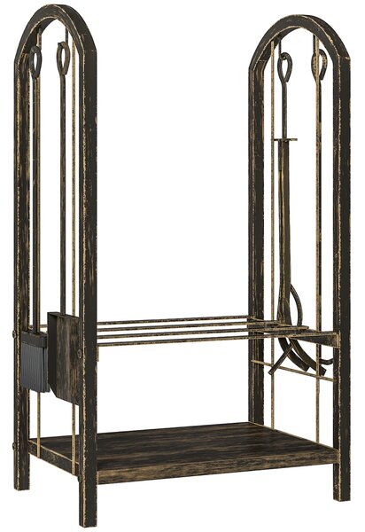 Outsunny Portalegna per interni a 2 Livelli, con 4 Attrezzi per Camino e Ganci, 43x30x74 cm, Marrone | Aosom Italy
