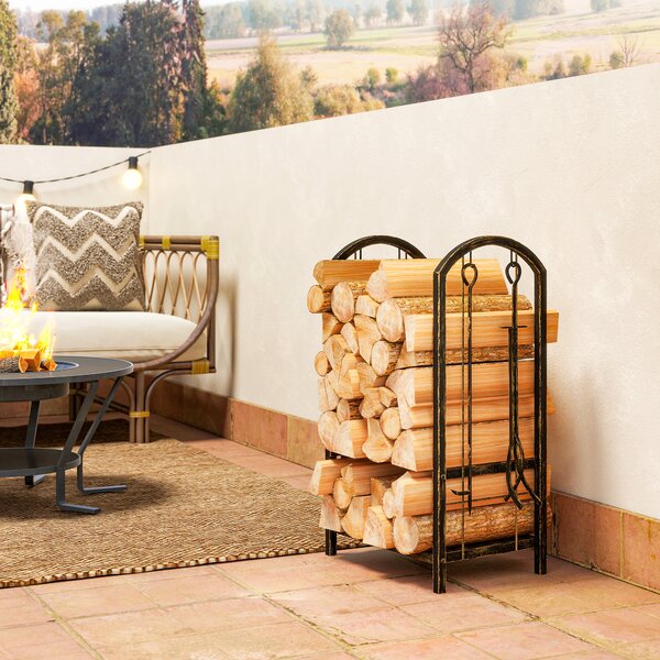 Outsunny Portalegna per interni a 2 Livelli, con 4 Attrezzi per Camino e Ganci, 43x30x74 cm, Marrone | Aosom Italy