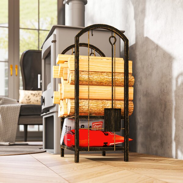 Outsunny Portalegna per interni a 2 Livelli, con 4 Attrezzi per Camino e Ganci, 43x30x74 cm, Marrone | Aosom Italy
