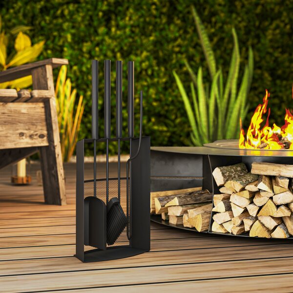 Outsunny Set di attrezzi per caminetto 5 pezzi, con scopa, paletta, punteruolo, pinza e supporto, in metallo, Nero | Aosom Italy