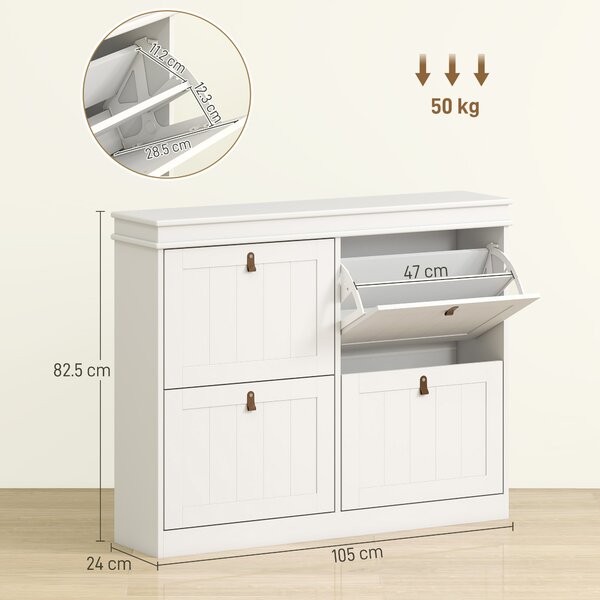 HOMCOM Scarpiera per 20 paia, con 4 cassetti ribaltabili e ripiani regolabili, 105x24x82,5 cm, Bianco | Aosom Italy