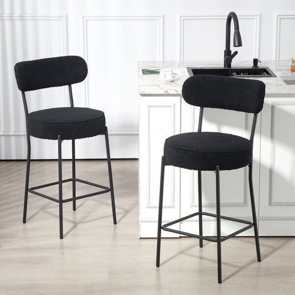 HOMCOM Set di 2 sgabelli da bar in tessuto bouclé, con schienale curvo, poggiapiedi, 49x52x95cm, Nero | Aosom Italy