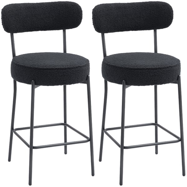 HOMCOM Set di 2 sgabelli da bar in tessuto bouclé, con schienale curvo, poggiapiedi, 49x52x95cm, Nero | Aosom Italy