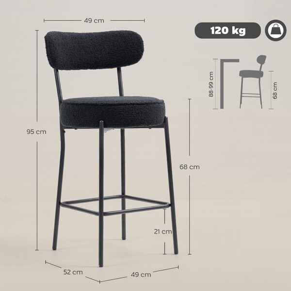 HOMCOM Set di 2 sgabelli da bar in tessuto bouclé, con schienale curvo, poggiapiedi, 49x52x95cm, Nero | Aosom Italy