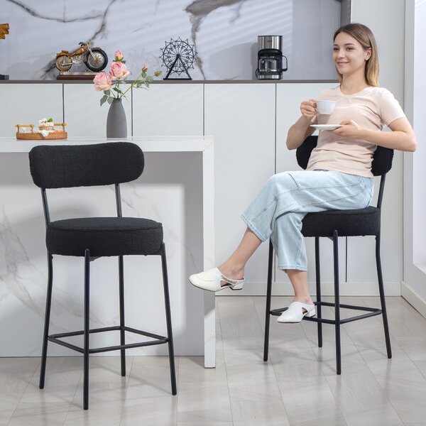 HOMCOM Set di 2 sgabelli da bar in tessuto bouclé, con schienale curvo, poggiapiedi, 49x52x95cm, Nero | Aosom Italy