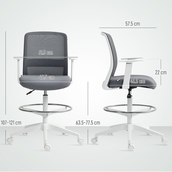 HOMCOM Sedia da Ufficio Girevole in Rete con Poggiapiedi, Supporto Lombare, Schienale e Altezza Regolabile 61,5x57,5x107-121 cm Grigio | Aosom Italy