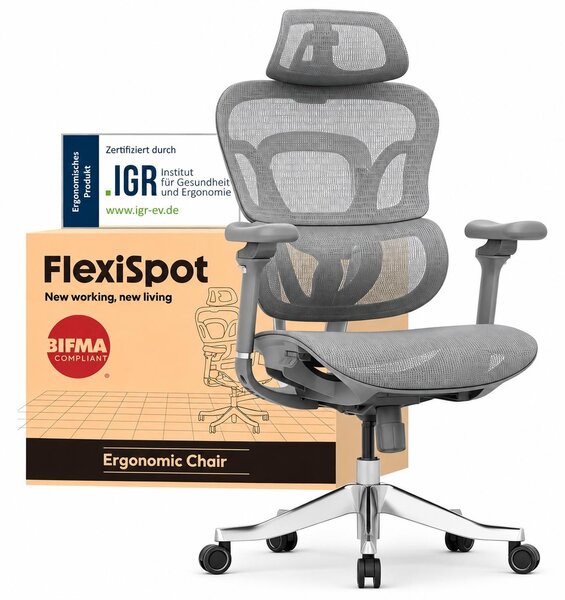 FLEXISPOT ErgoX Max: Sedia da ufficio ergonomica con capacità di carico fino a 300 kg, dotata di poggiatesta 4D e braccioli 5D, supporto lombare e dorsale integrato. Ideale anche come sedia da gaming. Colore: grigio