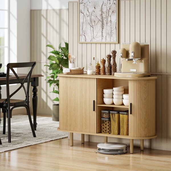 HOMCOM Credenza con Porte Tambour Scorrevoli 4 Compartimenti e Gambe in Legno 120x40x78 cm Rovere | Aosom Italy