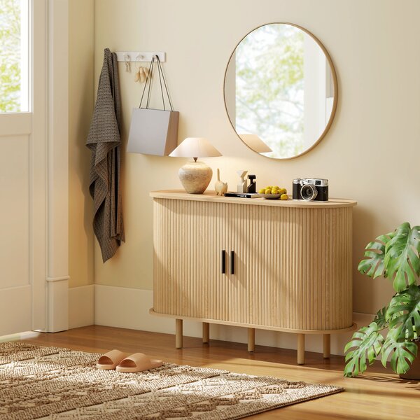 HOMCOM Credenza con Porte Tambour Scorrevoli 4 Compartimenti e Gambe in Legno 120x40x78 cm Rovere | Aosom Italy