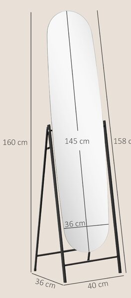 HOMCOM Specchio da Terra a Corpo Intero Senza Cornice, con Supporto in Metallo, 160x40 cm, Nero | Aosom Italy