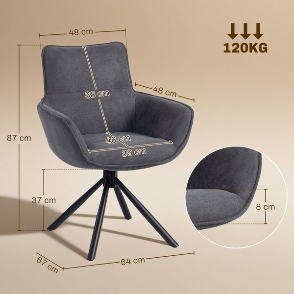 HOMCOM Set di 2 Sedie Moderno girevole da Pranzo con imbottitura Morbide e braccioli, design ergonomico e gambe in metallo, Grigio Scuro| Aosom Italy