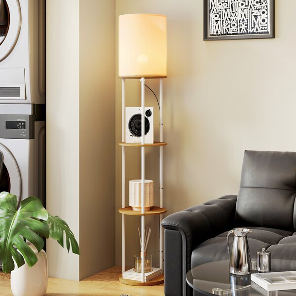 HOMCOM Lampada da Terra con Ripiani e Telecomando – 3 Temperature Colore, Legno Naturale | Aosom Italy