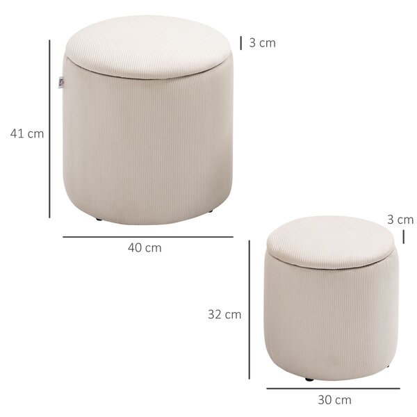 HOMCOM Set di 2 Pouf Contenitore Salvaspazio Rotondi e Imbottiti in Velluto a Coste, Bianco | Aosom Italy