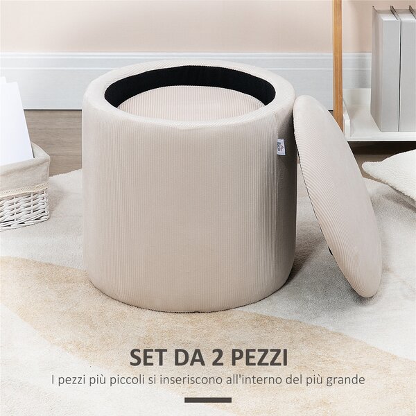 HOMCOM Set di 2 Pouf Contenitore Salvaspazio Rotondi e Imbottiti in Velluto a Coste, Bianco | Aosom Italy