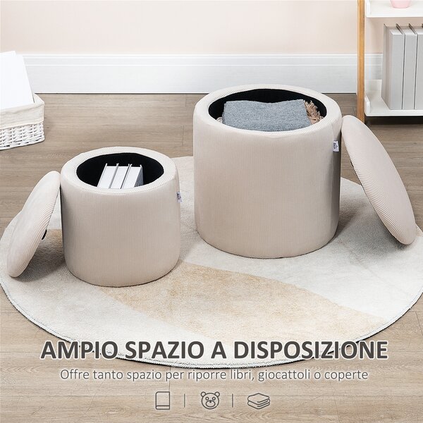HOMCOM Set di 2 Pouf Contenitore Salvaspazio Rotondi e Imbottiti in Velluto a Coste, Bianco | Aosom Italy