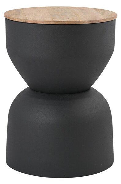 Tavolino rotondo design con vano portaoggetti in metallo grigio antracite e legno di mango massiccio D30 cm YOYO