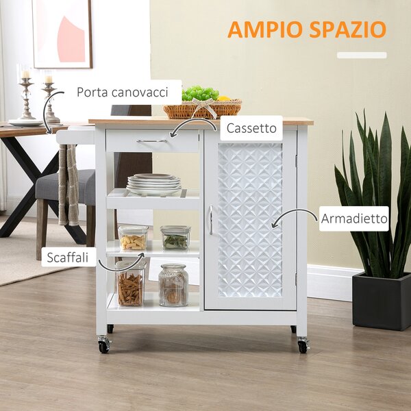 HOMCOM Carrello da Cucina a 4 Ruote con 1 Cassetto, 1 Armadietto, 1 Ripiano Aperto a 3 Livelli e 1 Portasciugamani 92x40x84 cm, Bianco|Aosom