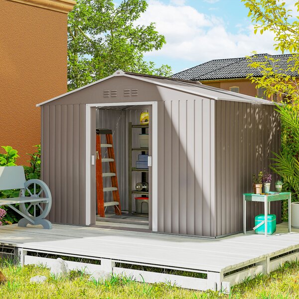 Outsunny Casetta da Giardino con porte scorrevoli e finestre, Capanno per attrezzi in metallo, 277 x 195 x 192 cm, Grigio chiaro | Aosom Italy