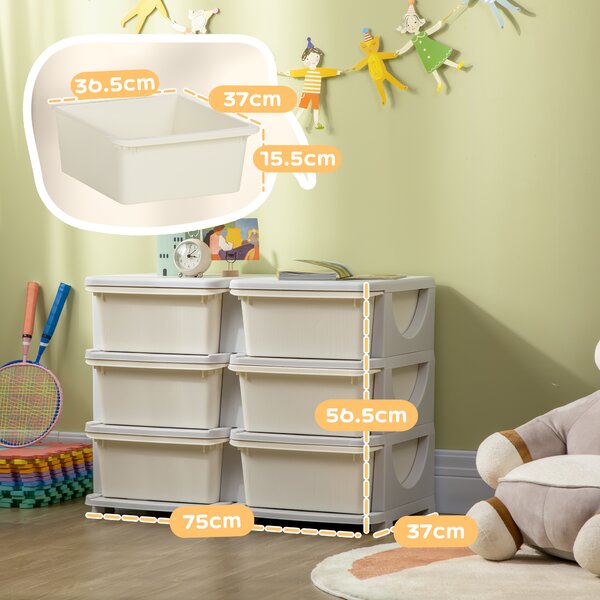HOMCOM Cassettiera 6 Cassetti per Bambini 3-6 Anni con Bordi Arrotondati, in PP Bianco Crema, 75x37x56.5 cm | Aosom Italy