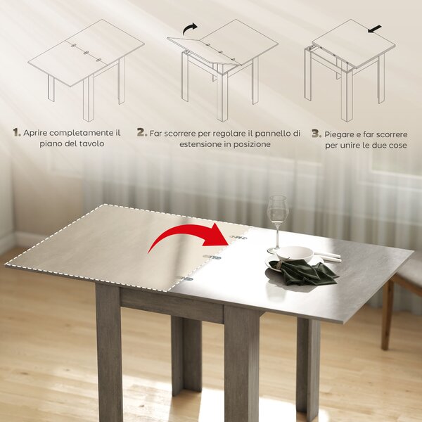 HOMCOM Tavolo da Pranzo Allungabile per 4-6 Persone in Legno e Acciaio, 140x80x77.5 cm, Grigio e color Legno | Aosom Italy