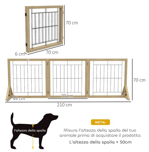 PawHut Cancellino per Cani Pieghevole con 3 Pannelli e Piedini Triangolari, 210x70 cm, Legno Naturale | Aosom Italy