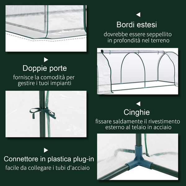 Outsunny Serra da Giardino a tunnel lungo con Porte Anteriori a Cerniera e 4 cinghie angolari, in Acciaio e PVC, 250x100x80 cm, Verde Scuro|Aosom Italy