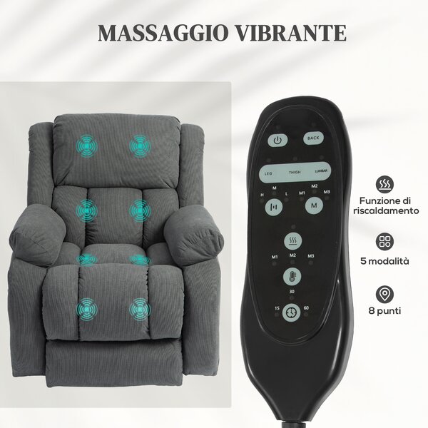 HOMCOM Poltrona Moderno con 2 Tasche e Telecomando, Sedia Alzapersona Massaggiante e Reclinabile, 93x104x105 cm, Grigio | Aosom Italy