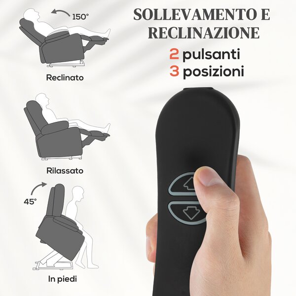 HOMCOM Poltrona Moderno con 2 Tasche e Telecomando, Sedia Alzapersona Massaggiante e Reclinabile, 93x104x105 cm, Grigio | Aosom Italy