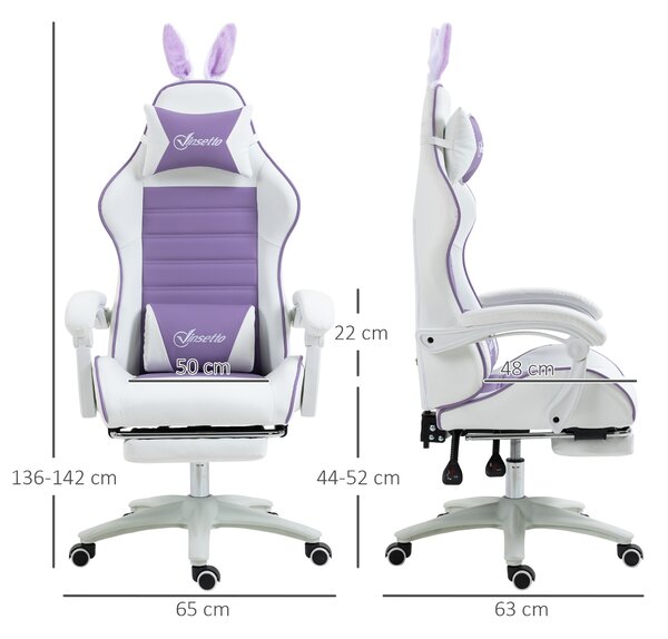 Vinsetto Sedia Gaming con Orecchie da Coniglio, Poggiapiedi, Cuscini, Reclinabile e Altezza Regolabile, Viola | Aosom Italy