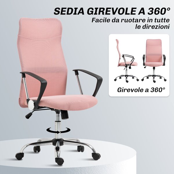 HOMCOM Sedia Ergonomica da Ufficio Girevole, Altezza Regolabile e Schienale a Rete, 63x65x109-119 cm, Rosa | Aosom Italy