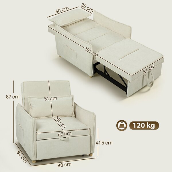 HOMCOM Poltrona-letto 3 in 1 con cuscino lombare, Bianco Crema | Aosom Italy
