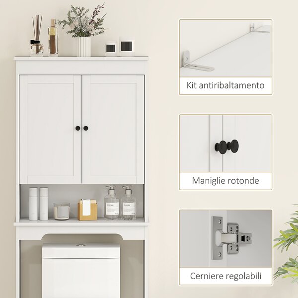HOMCOM Mobile sopra WC con 3 Mensole Chiuse e Ripiano Aperto, in Legno, 65x22x161 cm, Bianco | Aosom Italy