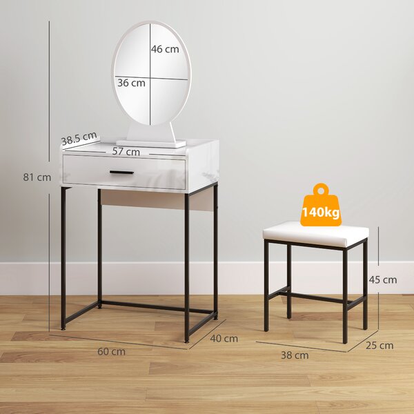 HOMCOM Set Tavolino Toeletta con Specchio da Trucco, Cassetto e Sgabello Imbottito, Bianco | Aosom Italy