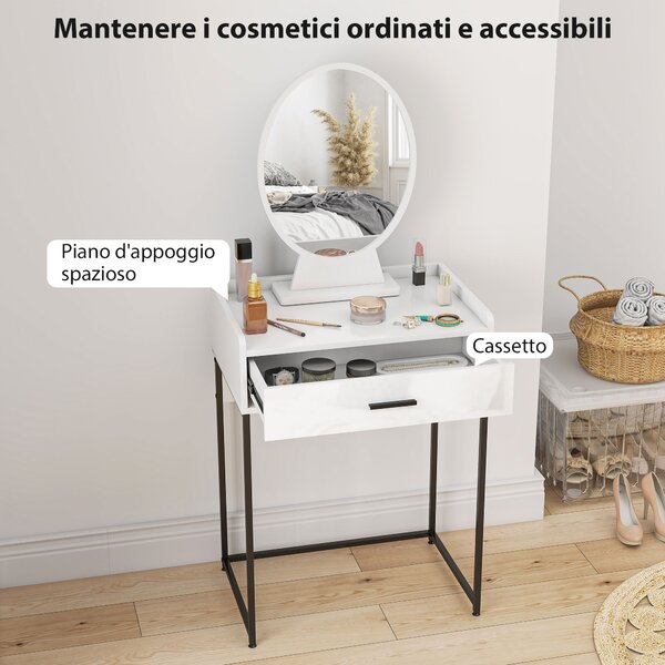 HOMCOM Set Tavolino Toeletta con Specchio da Trucco, Cassetto e Sgabello Imbottito, Bianco | Aosom Italy