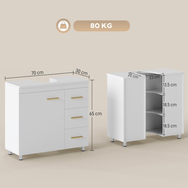 HOMCOM Mobile Moderno Sottolavabo con Intaglio a U, Armadietto e 3 Cassetti, Chiusura Ammortizzata, 70x30x65 cm, Bianco | Aosom Italy
