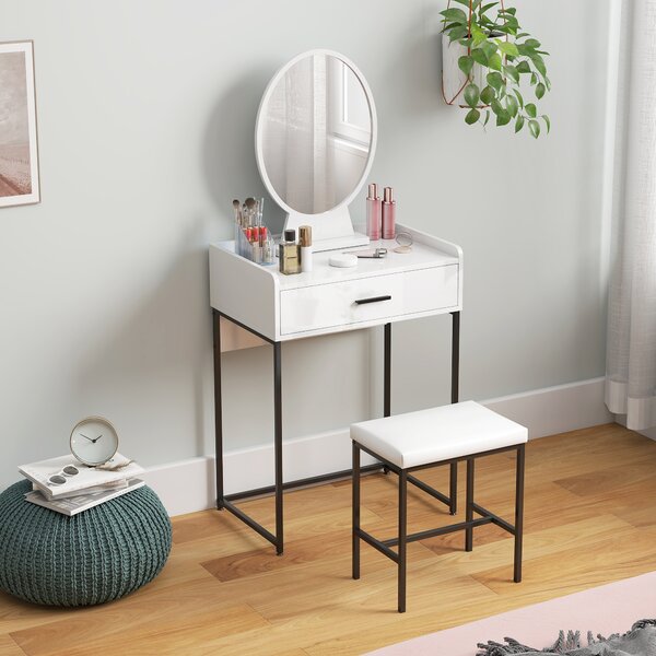 HOMCOM Set Tavolino Toeletta con Specchio da Trucco, Cassetto e Sgabello Imbottito, Bianco | Aosom Italy