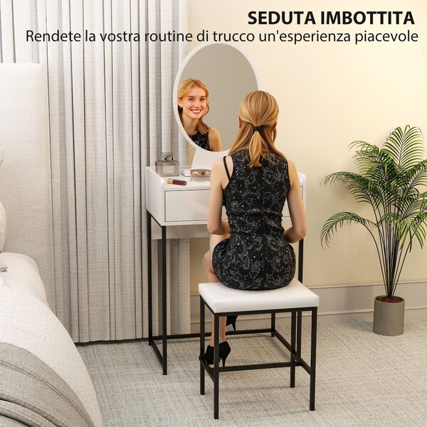 HOMCOM Set Tavolino Toeletta con Specchio da Trucco, Cassetto e Sgabello Imbottito, Bianco | Aosom Italy