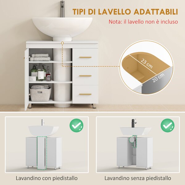 HOMCOM Mobile Moderno Sottolavabo con Intaglio a U, Armadietto e 3 Cassetti, Chiusura Ammortizzata, 70x30x65 cm, Bianco | Aosom Italy