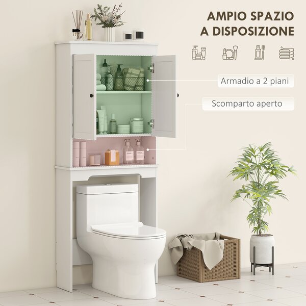 HOMCOM Mobile sopra WC con 3 Mensole Chiuse e Ripiano Aperto, in Legno, 65x22x161 cm, Bianco | Aosom Italy