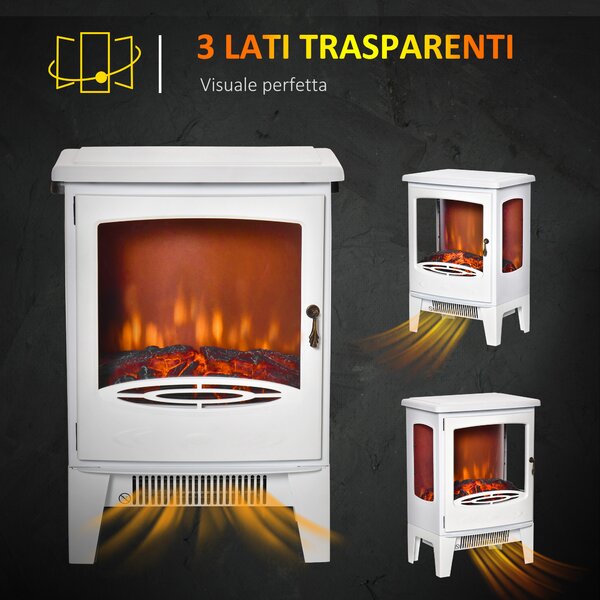 HOMCOM Camino Elettrico 900W-1800W con Effetto Fiamma, Temperatura Regolabile e 3 Lati Aperti, Copertura 20-25m², 39x26x54.8cm, Bianco | Aosom Italy